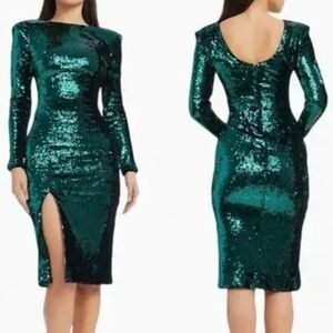 Dress The Population Women's Green Sequins Boatneck Natalie Large Dress